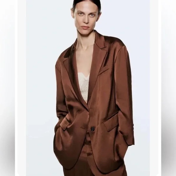 Zara Brown Oversized Satin Blazer, M super comfortable - Picture 1 of 15